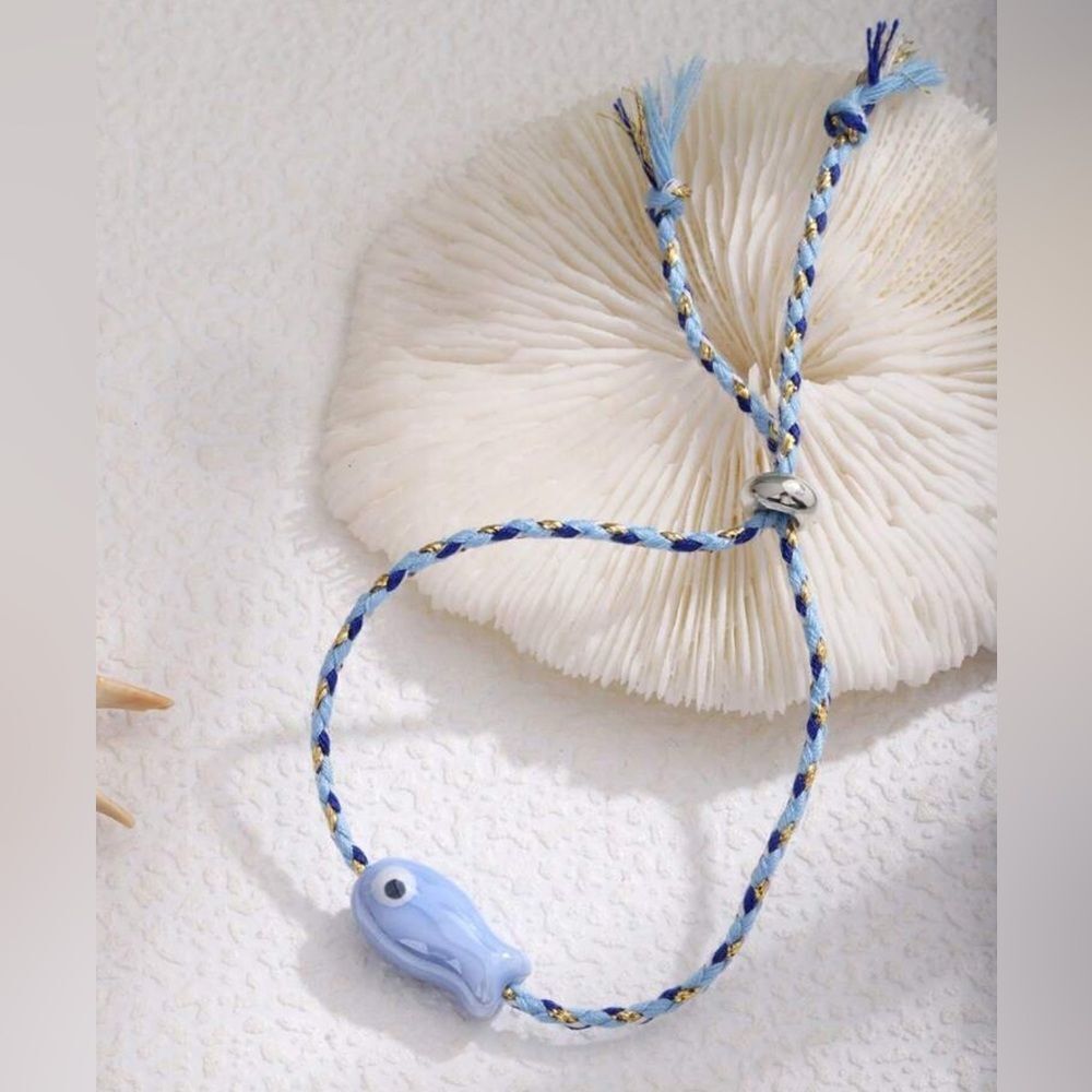 Blue and White Braided Bracelet with Fish Charm S942